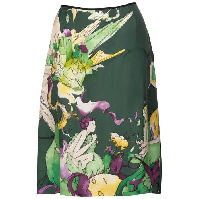 PRADA FAIRY JAMES JEAN 2008 Emerald Green Print Silk Skirt | Size 42