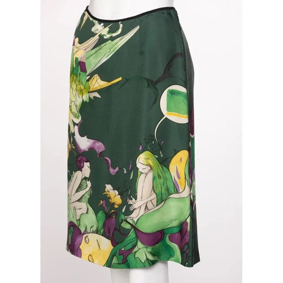 PRADA FAIRY JAMES JEAN 2008 Emerald Green Print Silk Skirt | Size 42