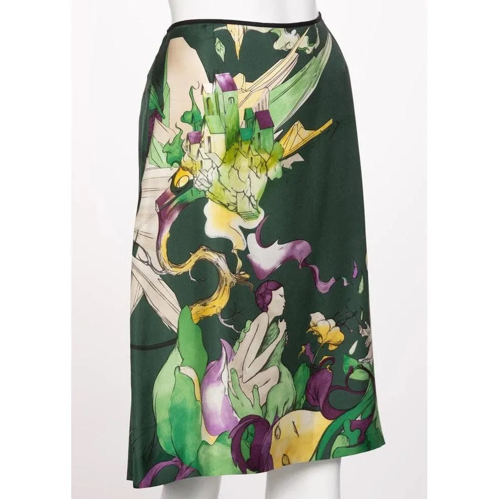 PRADA FAIRY JAMES JEAN 2008 Emerald Green Print Silk Skirt | Size 42