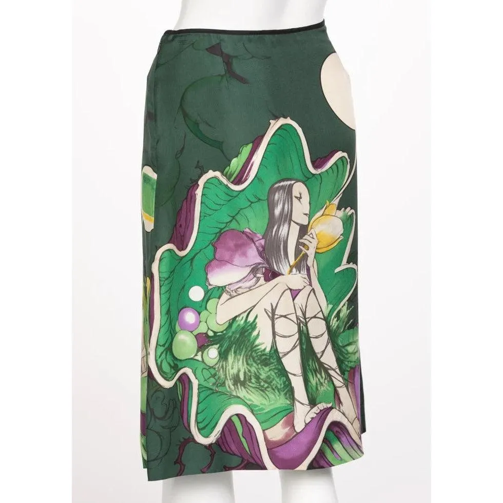 PRADA FAIRY JAMES JEAN 2008 Emerald Green Print Silk Skirt | Size 42