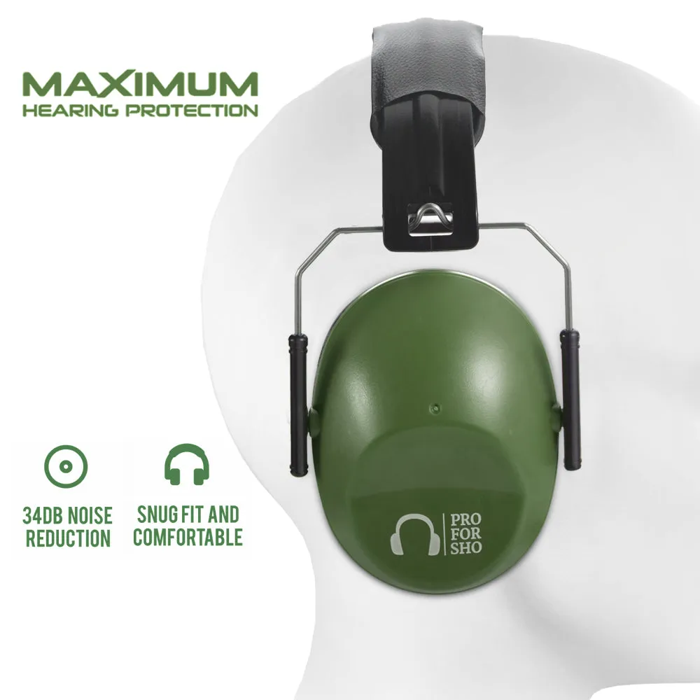 Pro For Sho 34dB NRR Noise Reduction Earmuffs - Lightweight Design - Standard Size Army Green