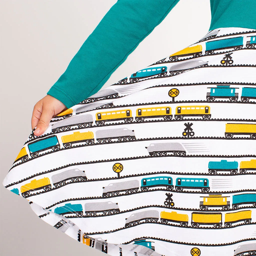 "ENGINEuity" Trains Twirly Play Dress with Pockets and Long Sleeves