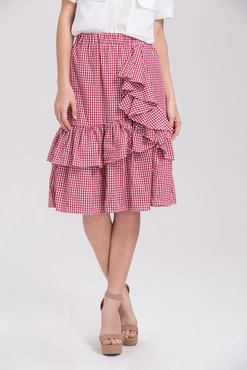 Red Ruffled Gingham Midi Skirt