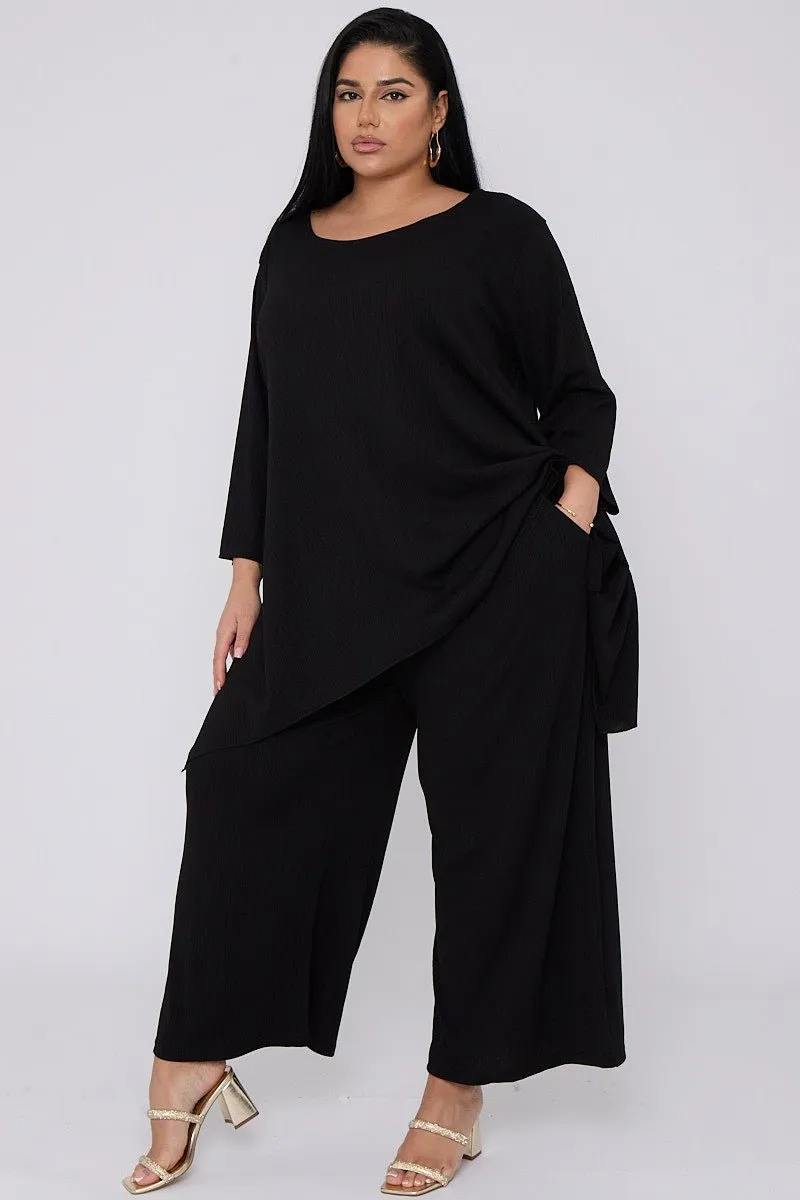 Rhea 2 Piece Co Ord Set With Asymmetric Hem Top & Wide Leg Trousers - PLUS SIZE