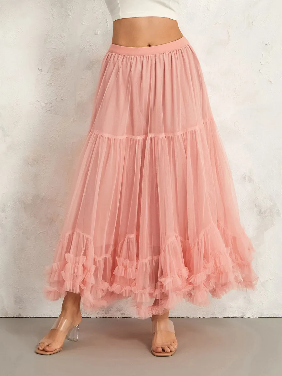 Romantic Blush Tulle Ruffle Hem Skirt