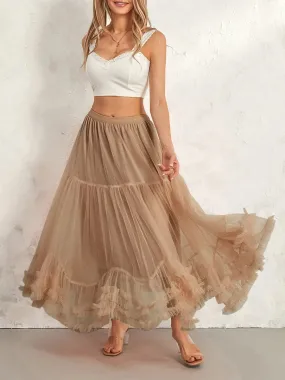 Romantic Taupe Tulle Ruffle Hem Skirt