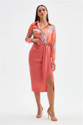 Satin Pencil Skirt with Detail and Slit- Coral