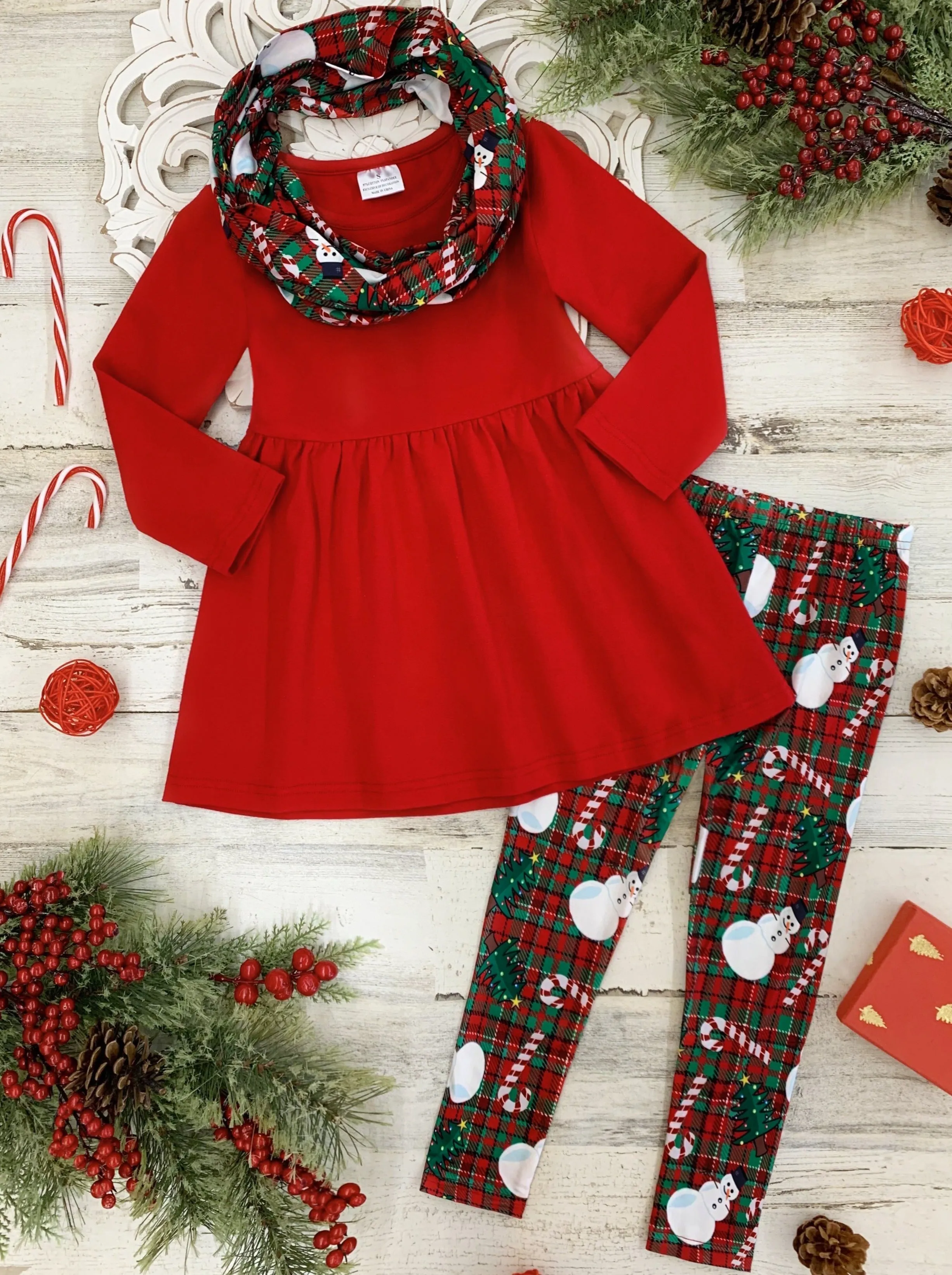 Snowmen and Candy Canes Tunic, Scarf and Legging Set