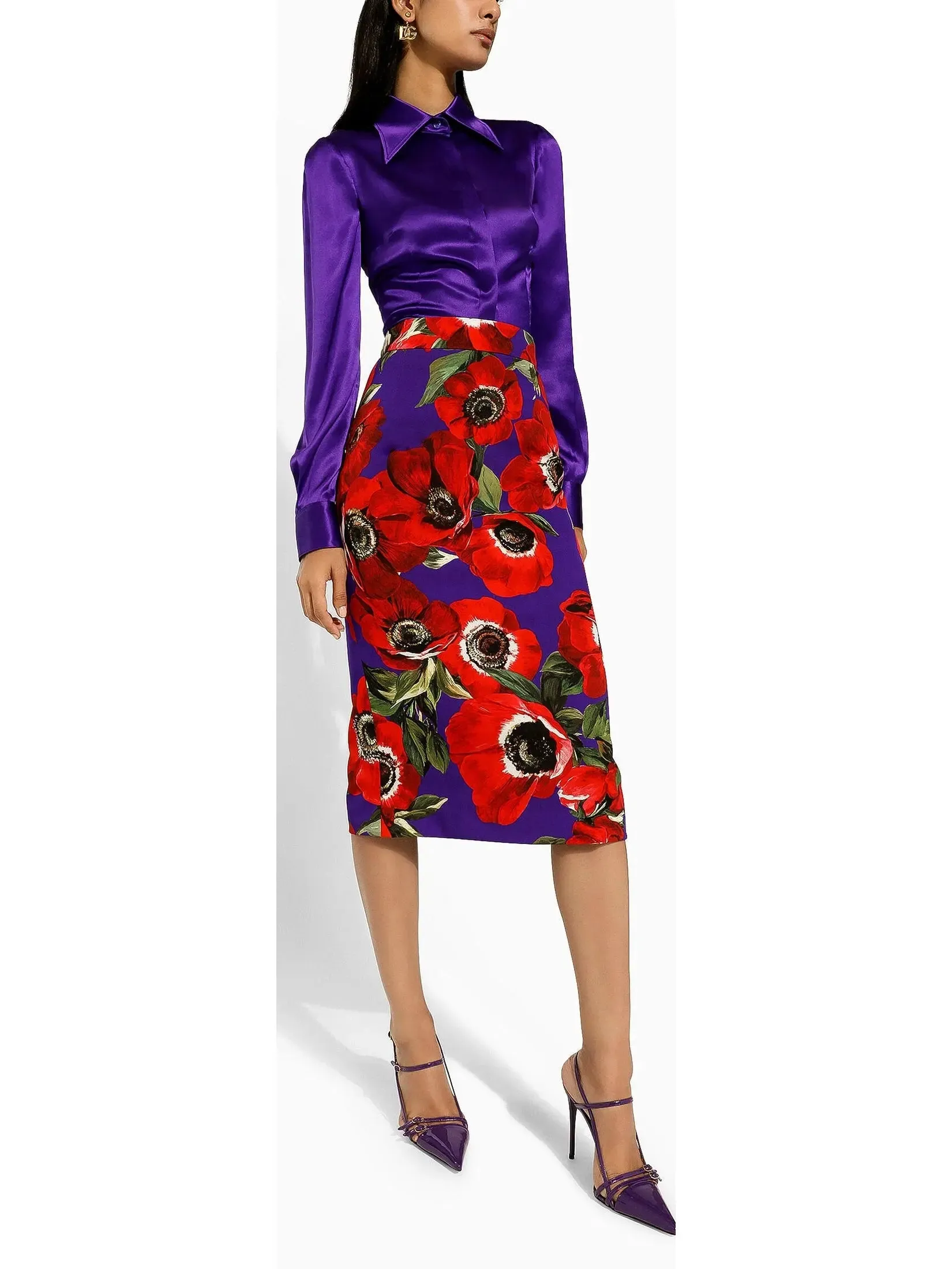 Women’s Anemone Floral Print Charmeuse Calf-Length Skirt