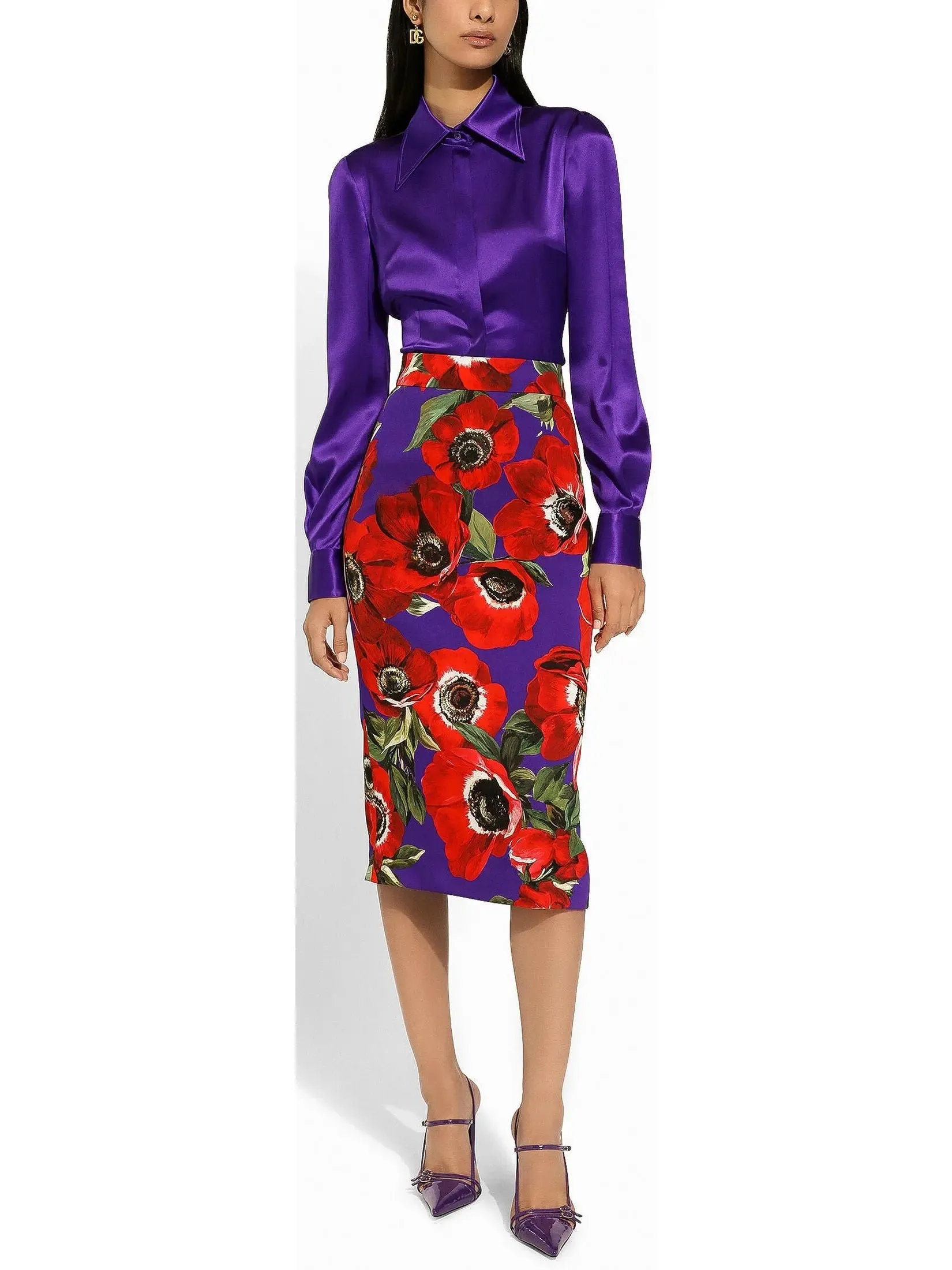 Women’s Anemone Floral Print Charmeuse Calf-Length Skirt