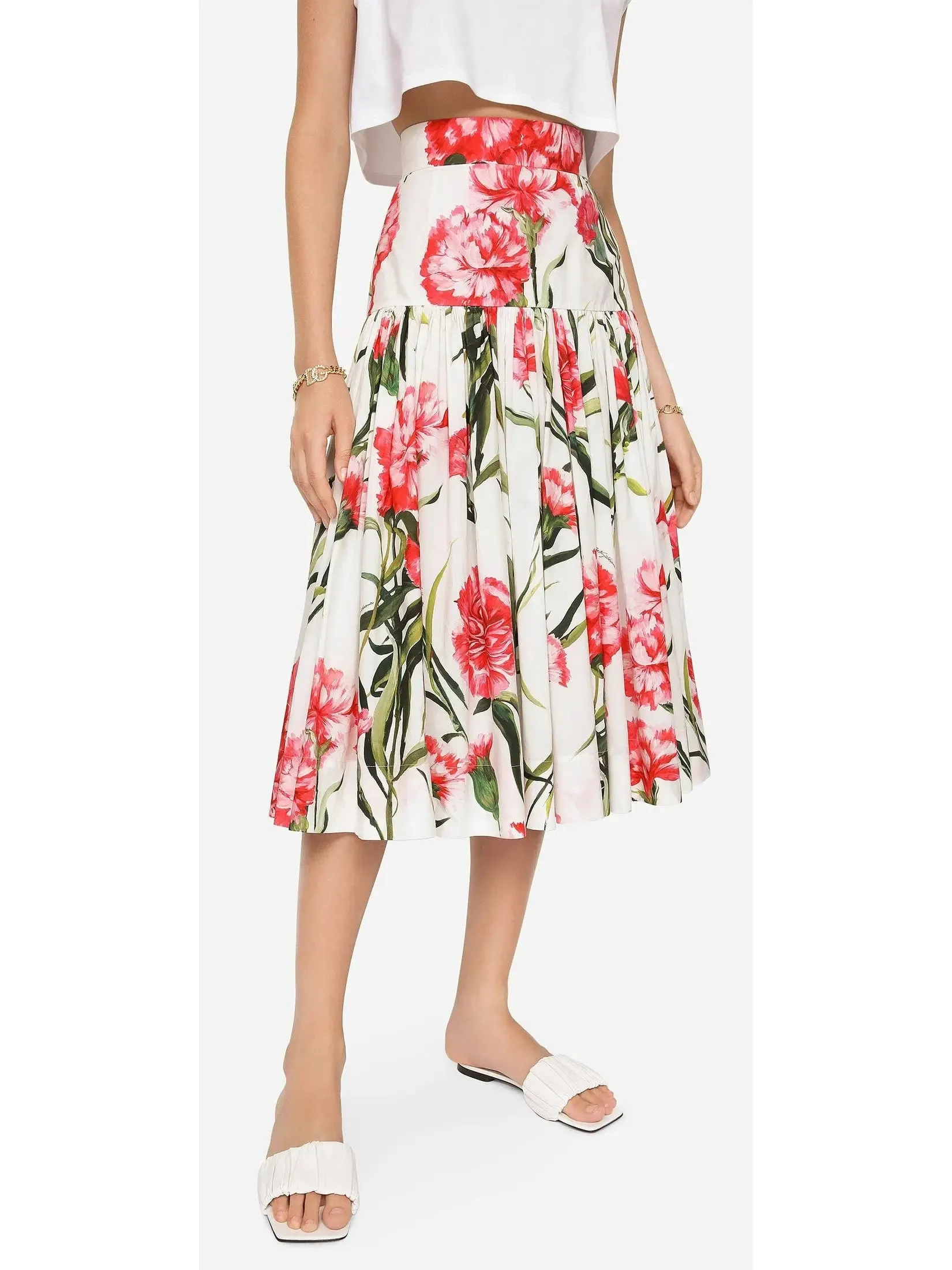 Women’s Carnation-Print Poplin Shirt with Knit Detail & Midi Skirt Set