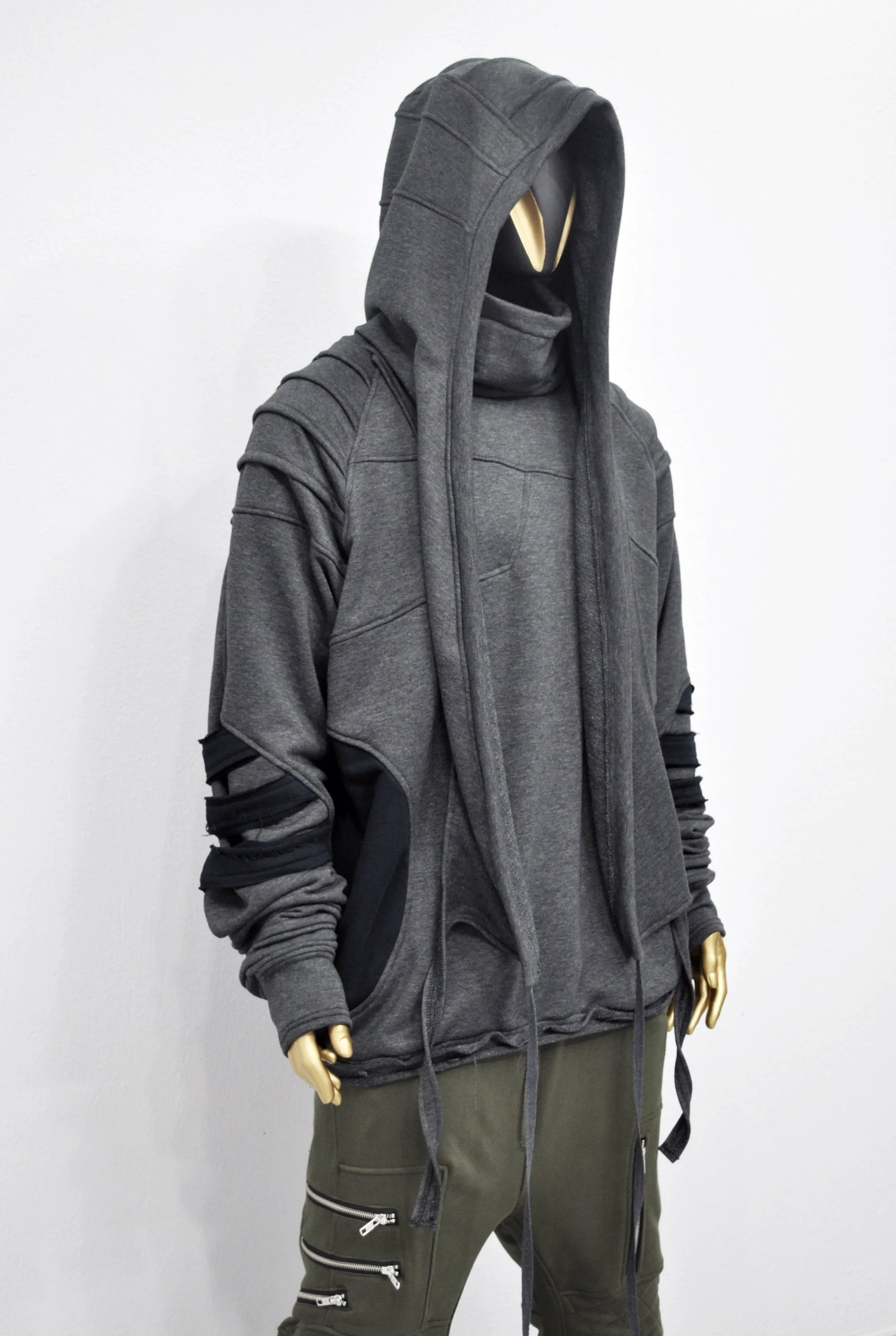 XS-8XL Washed Look Distressed Scarf Oversize Hood,High Neck Pullover,Ninja Assassin Jacket,Steampunk Gothi-Post Apocalyptic Dystopian-BB0157