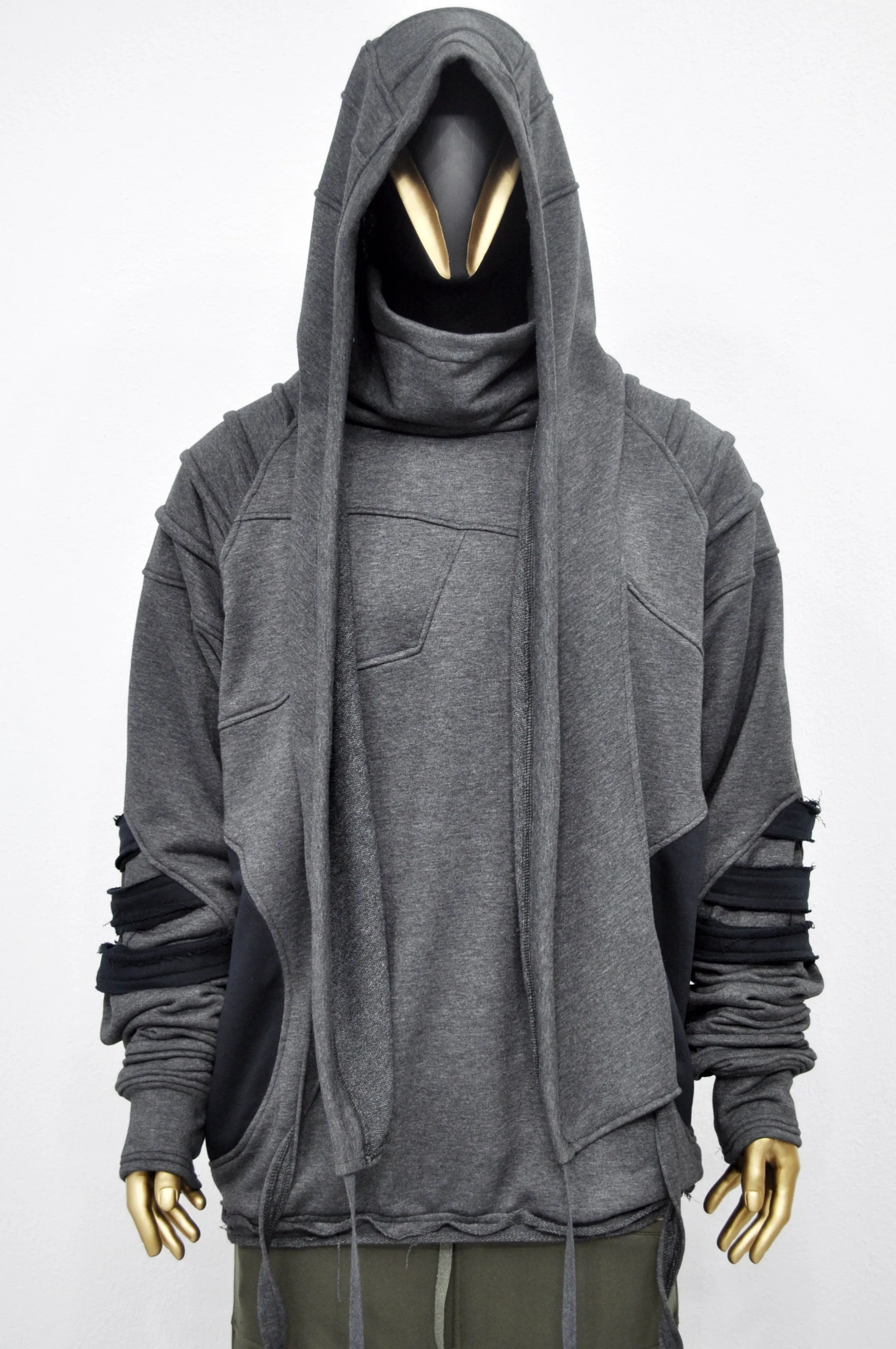 XS-8XL Washed Look Distressed Scarf Oversize Hood,High Neck Pullover,Ninja Assassin Jacket,Steampunk Gothi-Post Apocalyptic Dystopian-BB0157