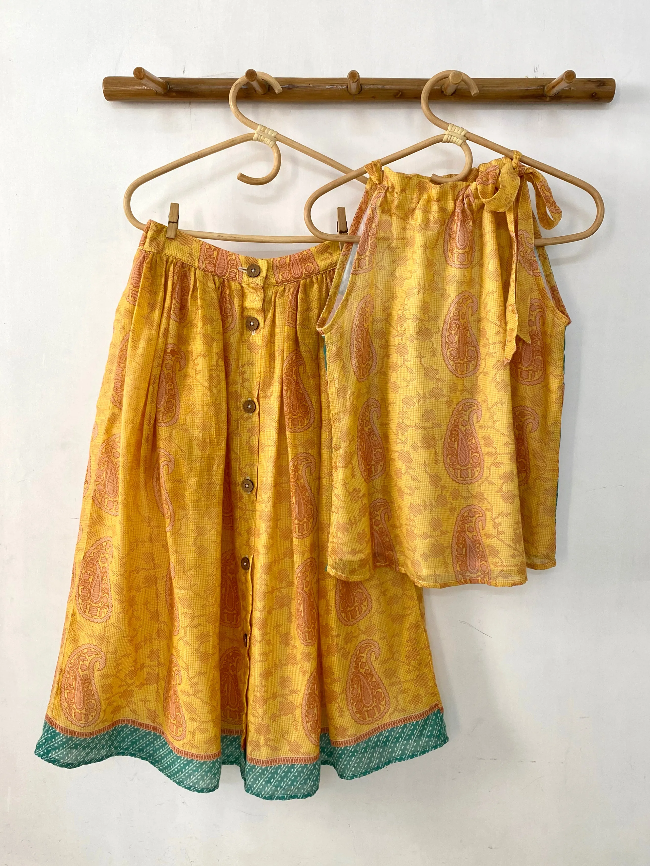 Yellow With Brown Paisely Button Midi Skirt - XS