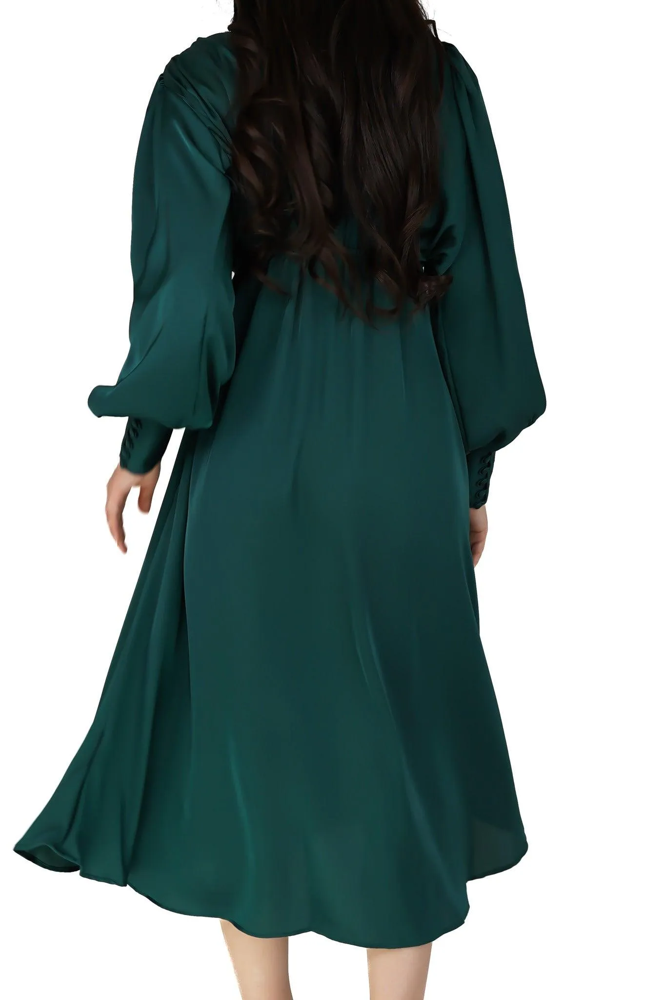 Zarina Emerald Green Luxury Matt Satin Midi Dress With Long Sleeves