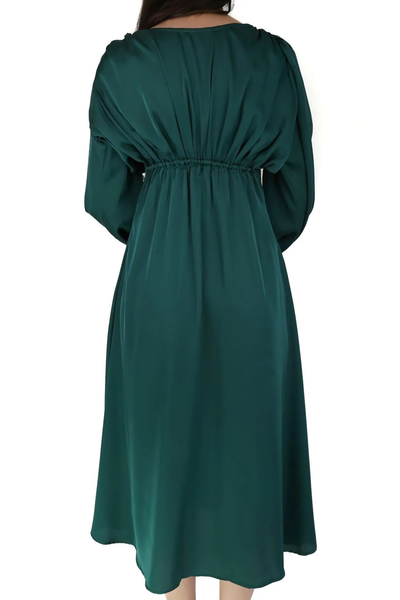 Zarina Emerald Green Luxury Matt Satin Midi Dress With Long Sleeves