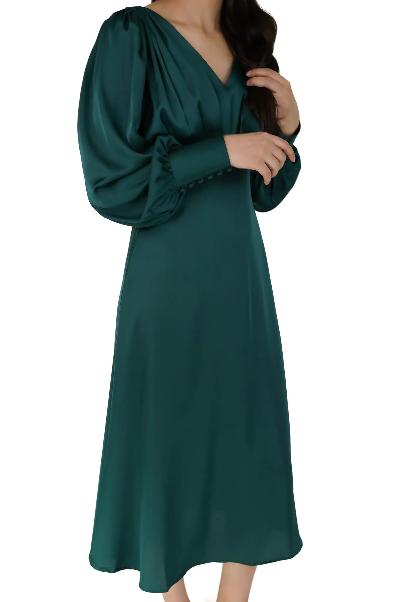 Zarina Emerald Green Luxury Matt Satin Midi Dress With Long Sleeves