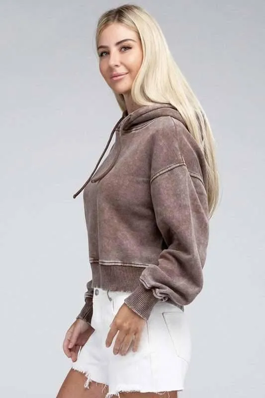 Zenana Acid Washed Cropped Hoodie